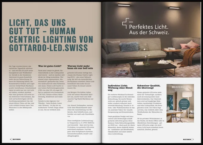 Firmenporträt im Magazin MEISTERWERK für gottardo swiss LED lighting, 2 Seiten